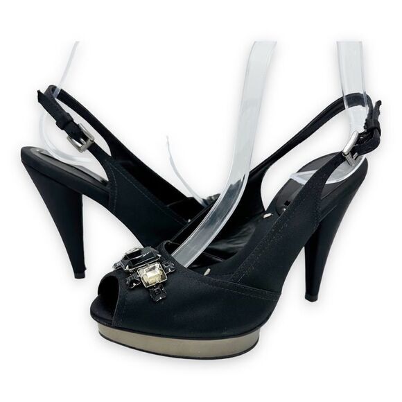 BCBGMaxAzria Black Satin Jeweled‎ Sandals w/Mirrored Platform Cone Heel Sz 8 38 - Picture 3 of 15
